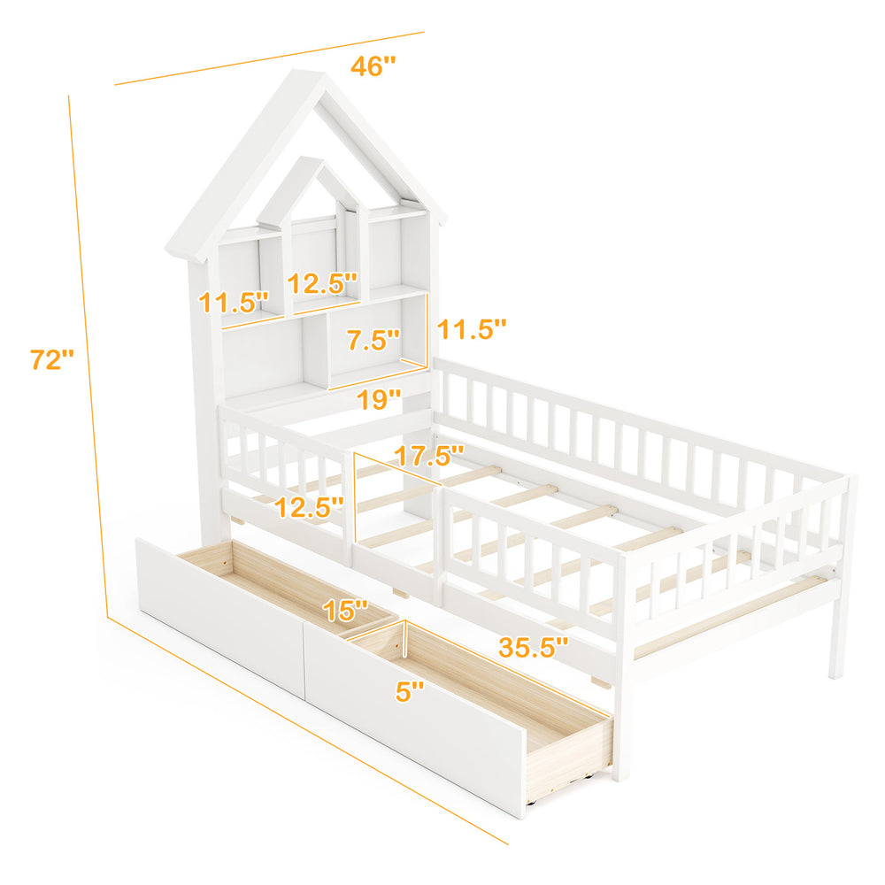 Twin size house bed with storage headboard, white pine wood, includes drawers and open compartments for kids'.