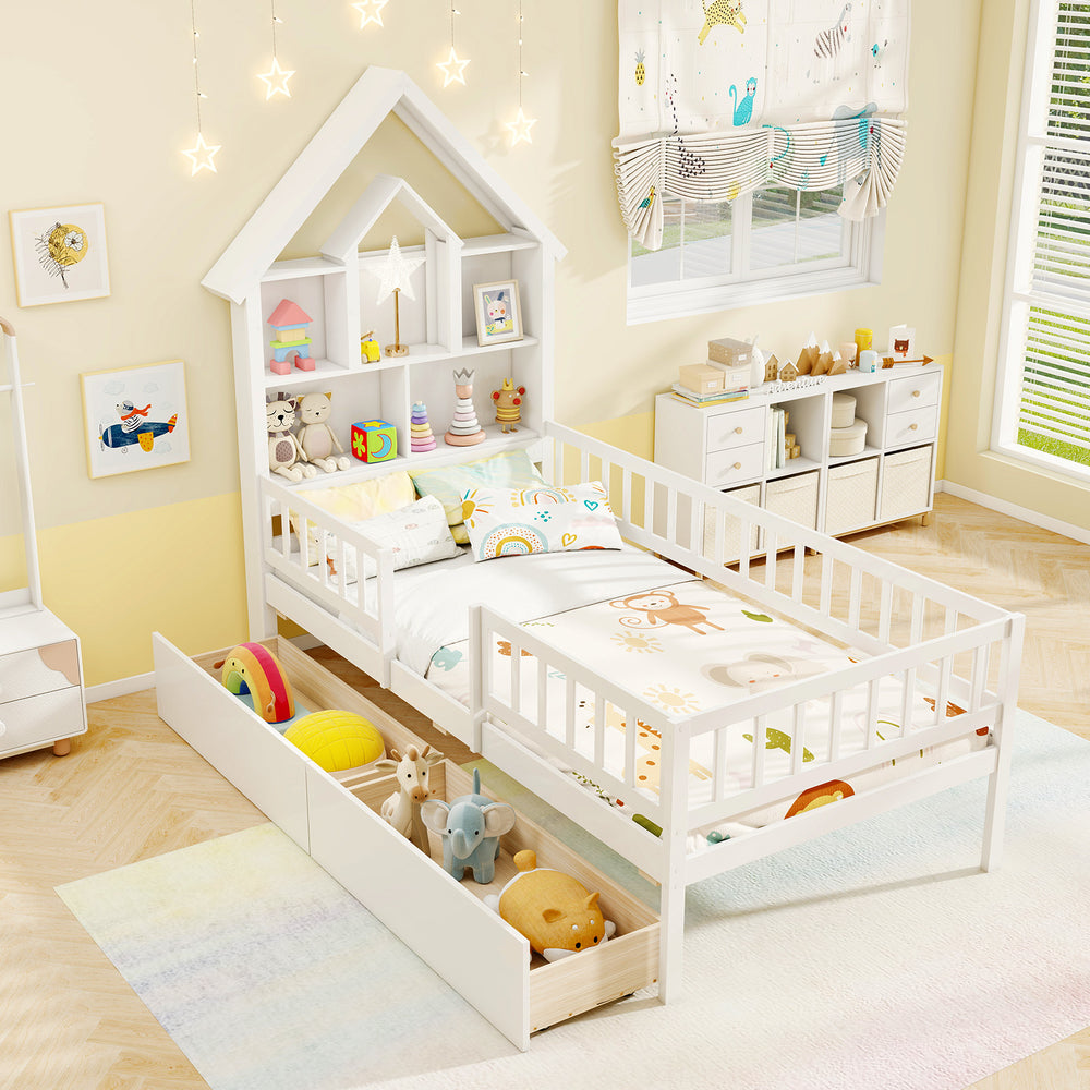 Twin size house bed with storage headboard, featuring open compartments and slide-out drawers for organized kids' room.