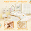 Twin size house bed in white with solid pine wood frame and storage headboard, perfect for kids' rooms.