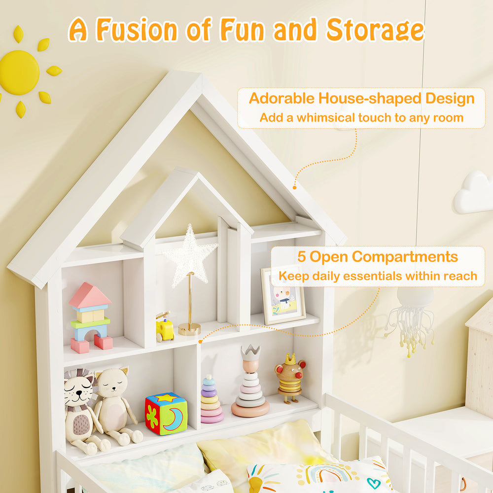 Twin size house bed with house-shaped storage headboard and 5 open compartments for kids' essentials in white.