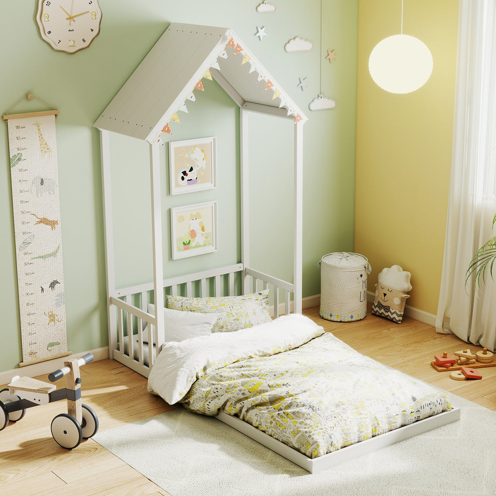 Twin size house bed with house shape roof, solid pine wood frame, and semi-fence design for kids' safety and fun.