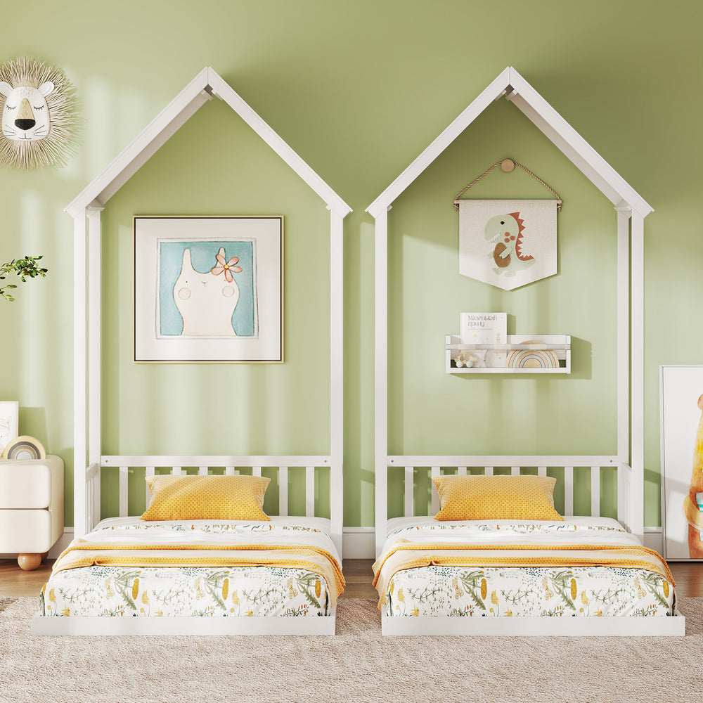 Twin size house bed with a playful roof design, featuring a solid pine wood frame and low-to-ground access for kids.