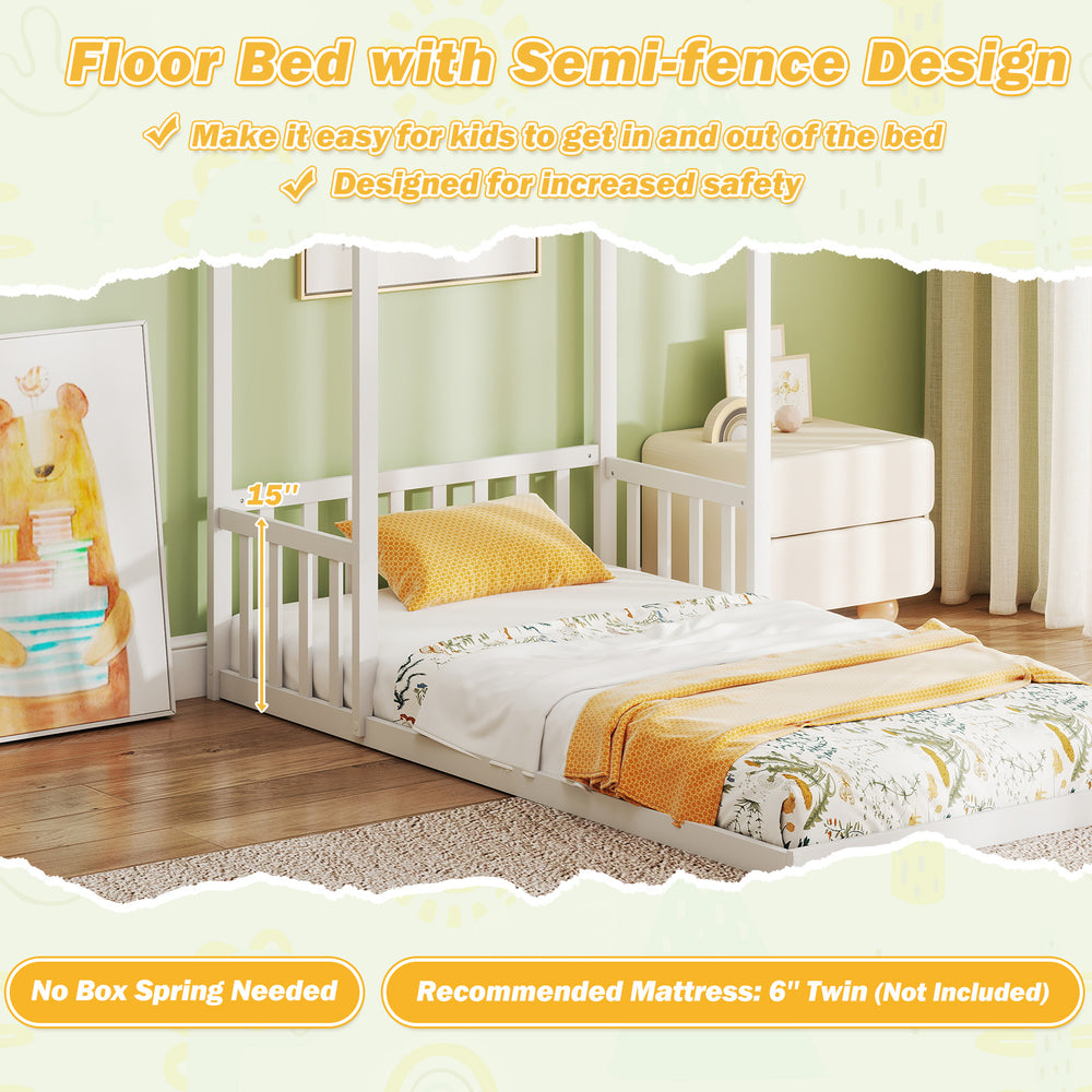 Twin size house bed with semi-fence design in white, low-to-ground for easy access, accommodates 6" mattress.
