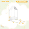 Twin size house bed frame in white with house shape roof and semi-fence design, perfect for kids' room safety and fun.