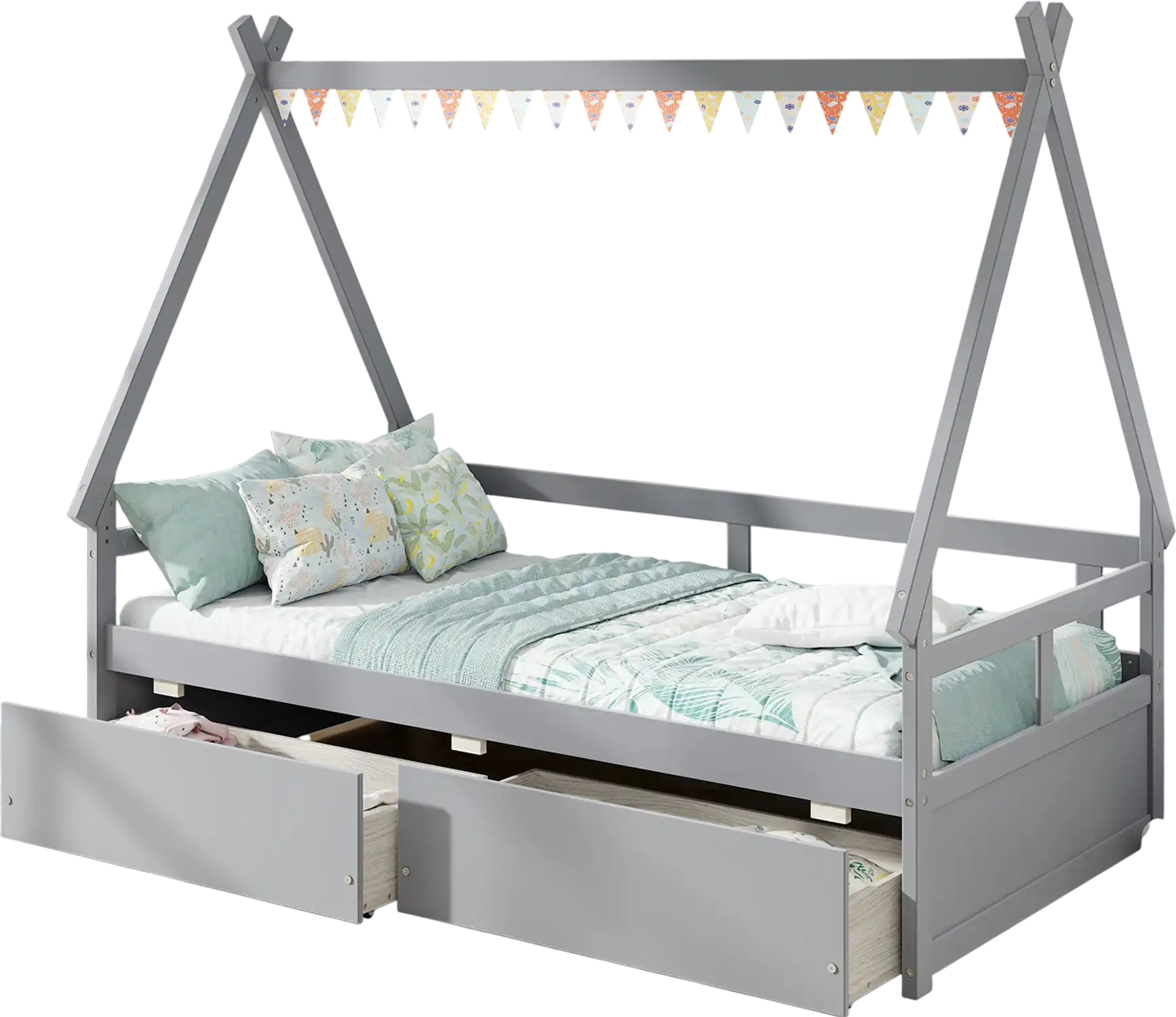 Costway Twin House Bed w/ Roof & Safety Guardrail Gray 43785269 New
