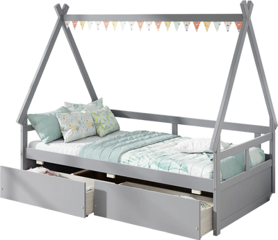 Costway Twin House Bed w/ Roof & Safety Guardrail Gray 43785269 New