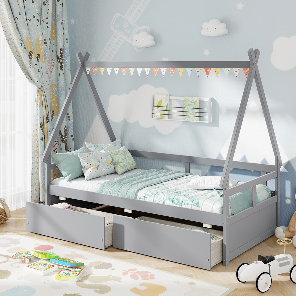 Twin Size House Bed with Roof and Safety Guardrail-Gray - Gallery View 1 of 10