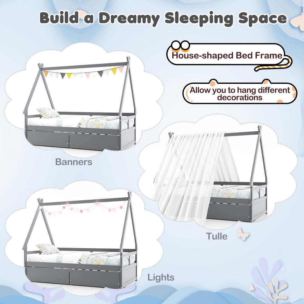 Twin size house bed frame in gray with roof, safety guardrail, and two spacious drawers for storage and decoration.