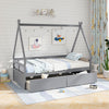 Twin size gray house bed with roof, safety guardrail, and two spacious drawers for storage in a child's room.