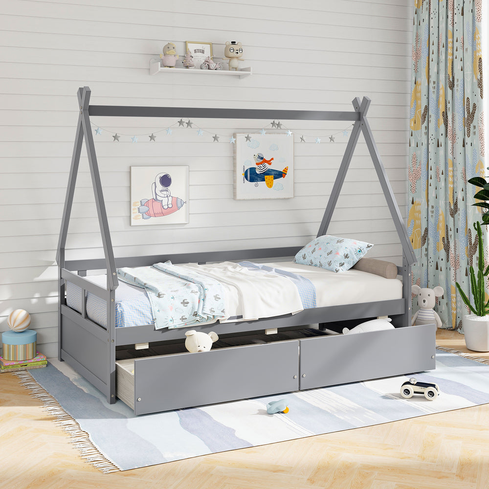 Twin size gray house bed with roof, safety guardrail, and two spacious drawers for storage in a child's room.