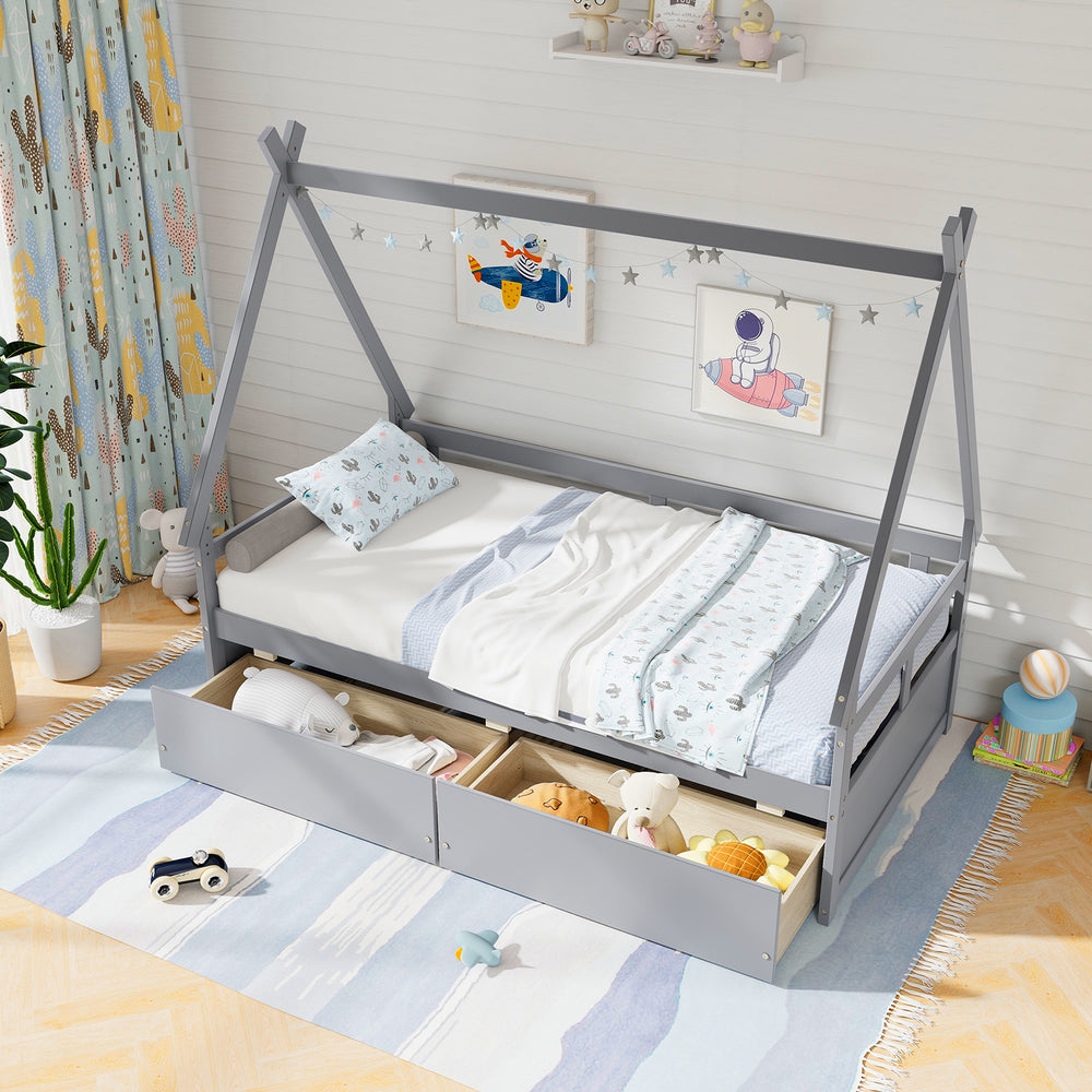 Twin size gray house bed with roof, safety guardrail, and two spacious drawers for storage in a cozy children's room.