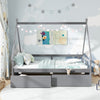 Twin size gray house bed with roof, showcasing two spacious drawers and a safety guardrail, perfect for playful.