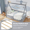 Twin size house bed in gray with roof, safety guardrail, and spacious drawers for kids' storage and decoration.