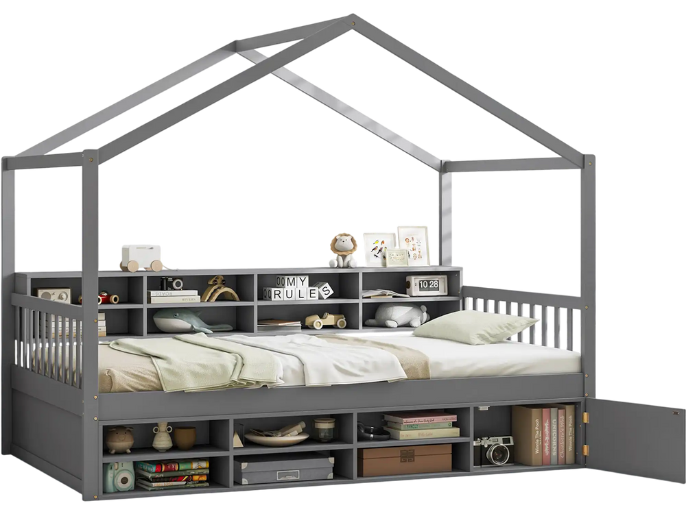 Twin size house bed in gray with roof, featuring 14 storage cubes and an enclosed cabinet for kids' room organization.