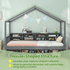 Twin size house bed in gray with roof, featuring 14 storage cubes for toys and books, perfect for children's rooms.
