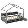 Twin size house bed in gray with roof, featuring 14 storage cubes and an enclosed cabinet for organized children's room.
