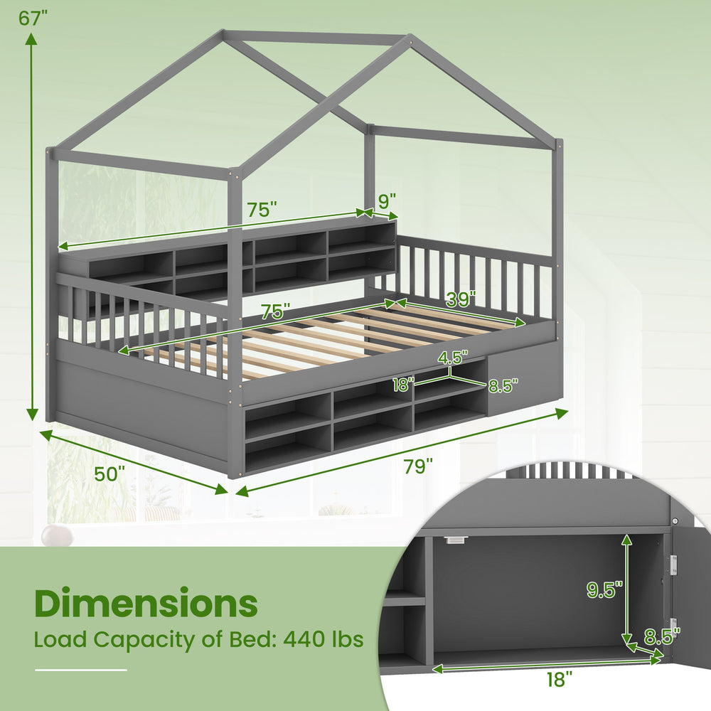Twin size house bed in gray with roof, featuring 14 storage cubes and enclosed cabinet for organized children's space.