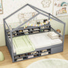 Twin size house bed in gray with roof and protective fencing, ideal for safe sleeping and playful room decor.