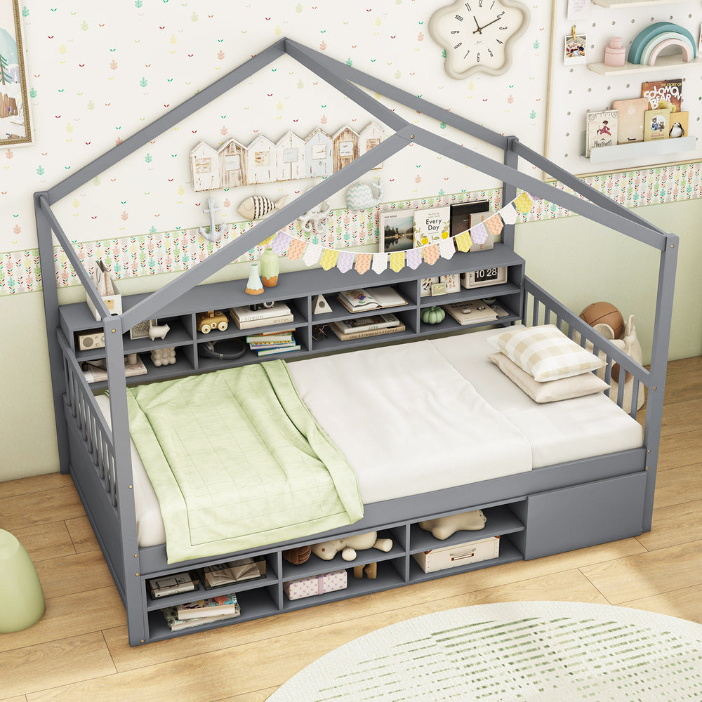 Twin size house bed in gray with roof and protective fencing, ideal for safe sleeping and playful room decor.