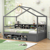 House-shaped twin size bed in gray with protective fencing, showcasing an enclosed cabinet and stylish storage cubes.