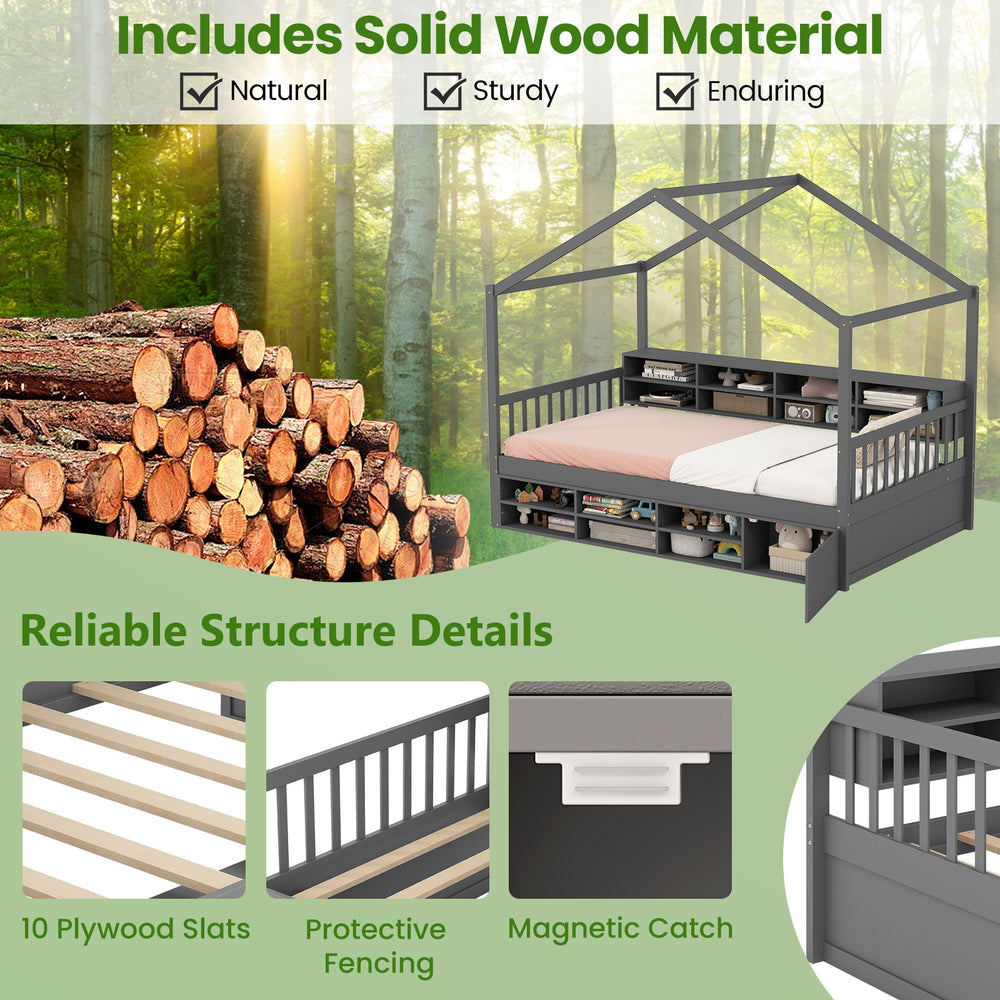 Twin size house bed in gray with roof, solid wood, 14 storage cubes, and protective fencing for safe sleeping.