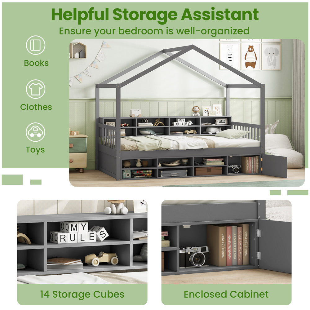 Twin size house bed in gray with roof, featuring 14 storage cubes and enclosed cabinet for organized bedroom storage.
