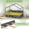 Twin size house bed in gray with roof, featuring 14 storage cubes and embedded surface for mattress stability.