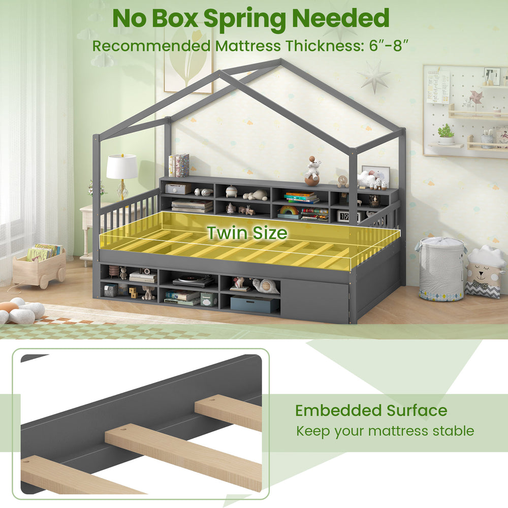 Twin size house bed in gray with roof, featuring 14 storage cubes and embedded surface for mattress stability.