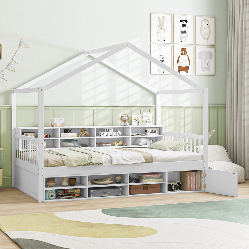 Twin Size House Bed with Roof with 14 Storage Cubes and Enclosed Cabinet-White - Gallery View 1 of 10
