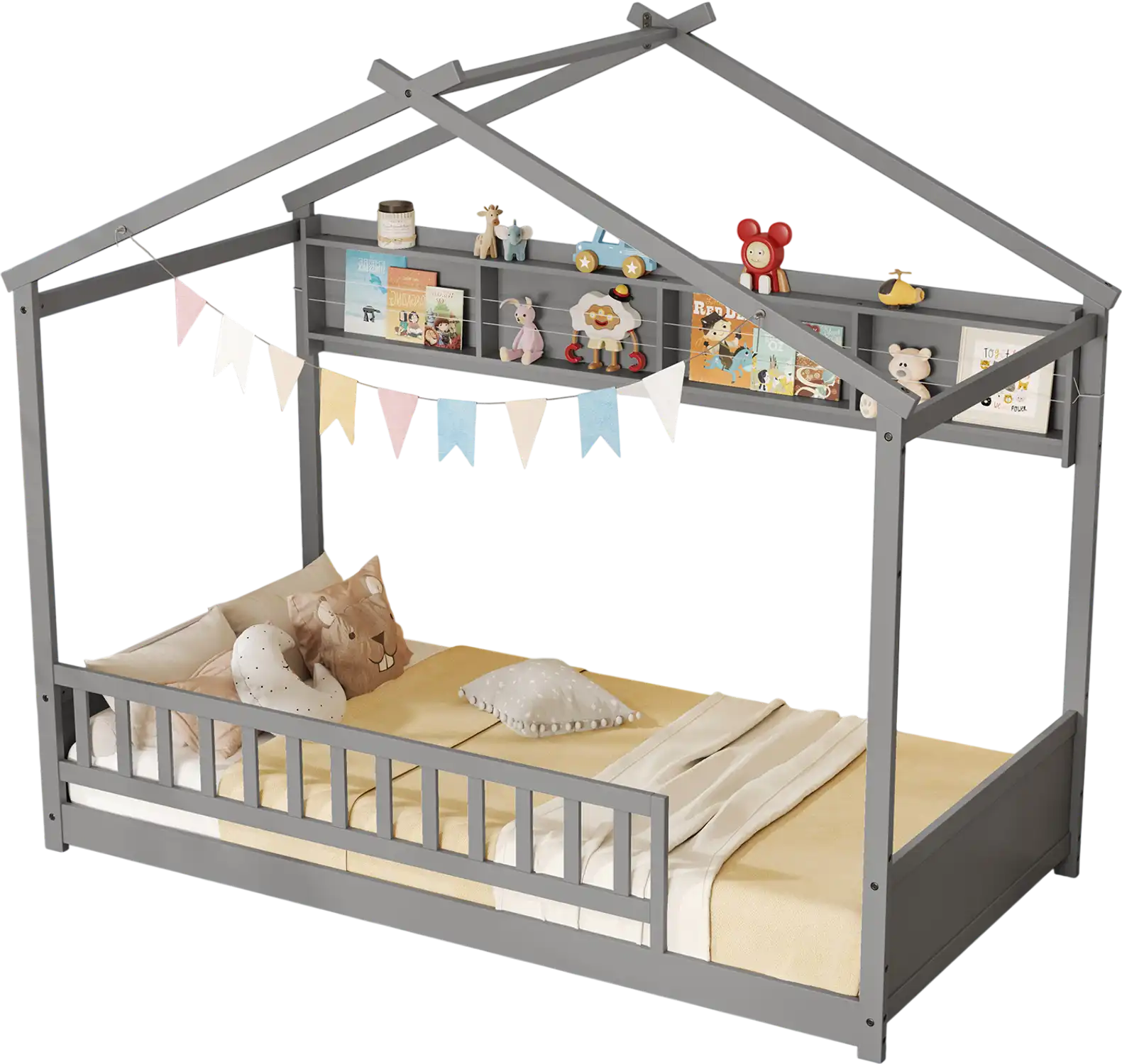Costway Twin House Bed Frame w/ Storage Shelf Headboard Gray 89367425 New