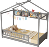 Twin size gray house bed with storage shelf, safety guardrails, and headboard for a creative children's bedroom.