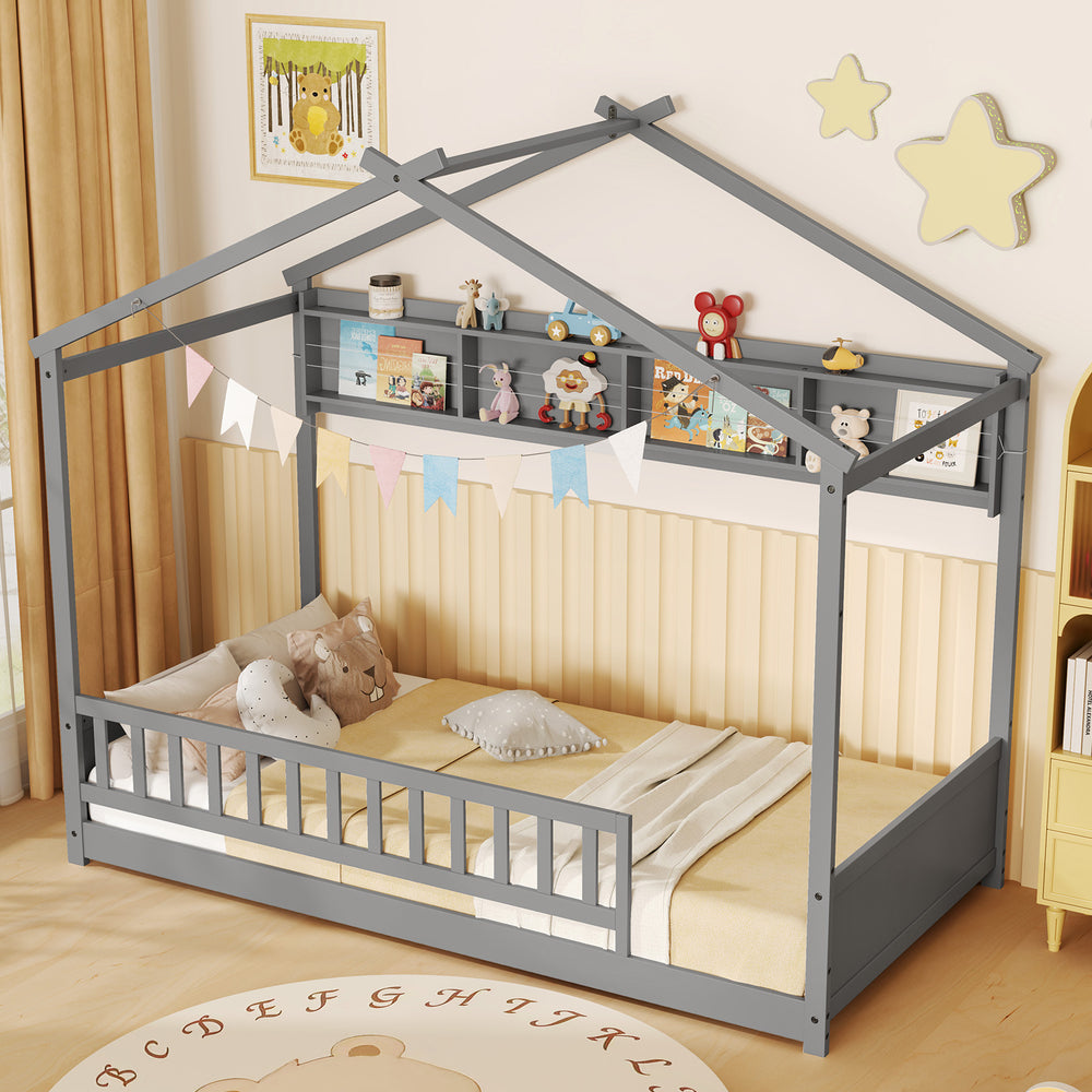 Twin Size House Bed with Storage Shelf and Headboard-Gray - Gallery View 1 of 8