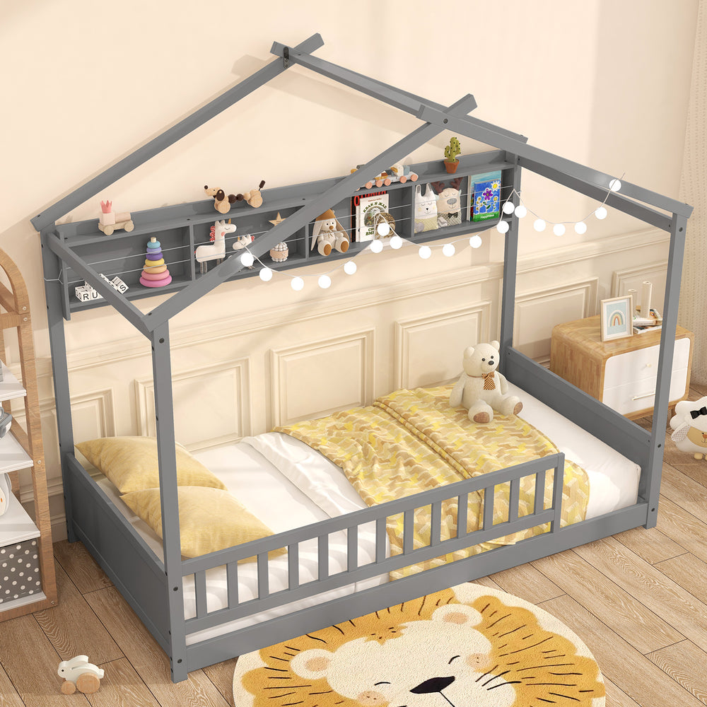 Twin size gray house bed with storage shelf, safety guardrails, and headboard for a cozy children's room.