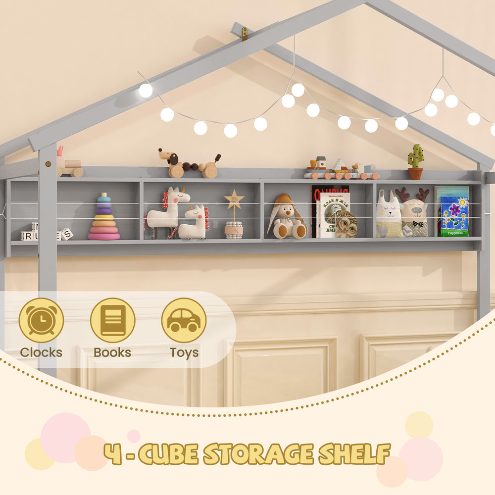 4-cube storage shelf in gray for clocks, books, and toys, featuring a house-shaped design and safety guardrails.