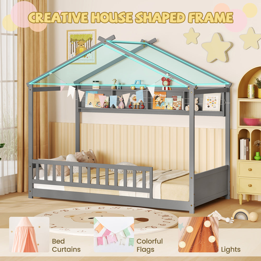 Twin size house bed in gray with storage shelf, safety guardrails, and creative design for kids' rooms.