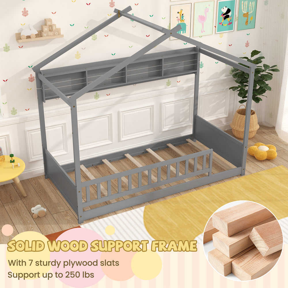 Twin size house bed in gray with storage shelf, solid wood frame, and safety guardrails for secure sleeping.
