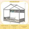 Twin size house bed in gray with storage shelf, headboard, and safety guardrails, designed for safe and stylish sleep.