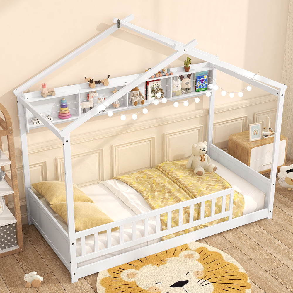 Twin Size House Bed with Storage Shelf and Headboard-White - Gallery View 1 of 9