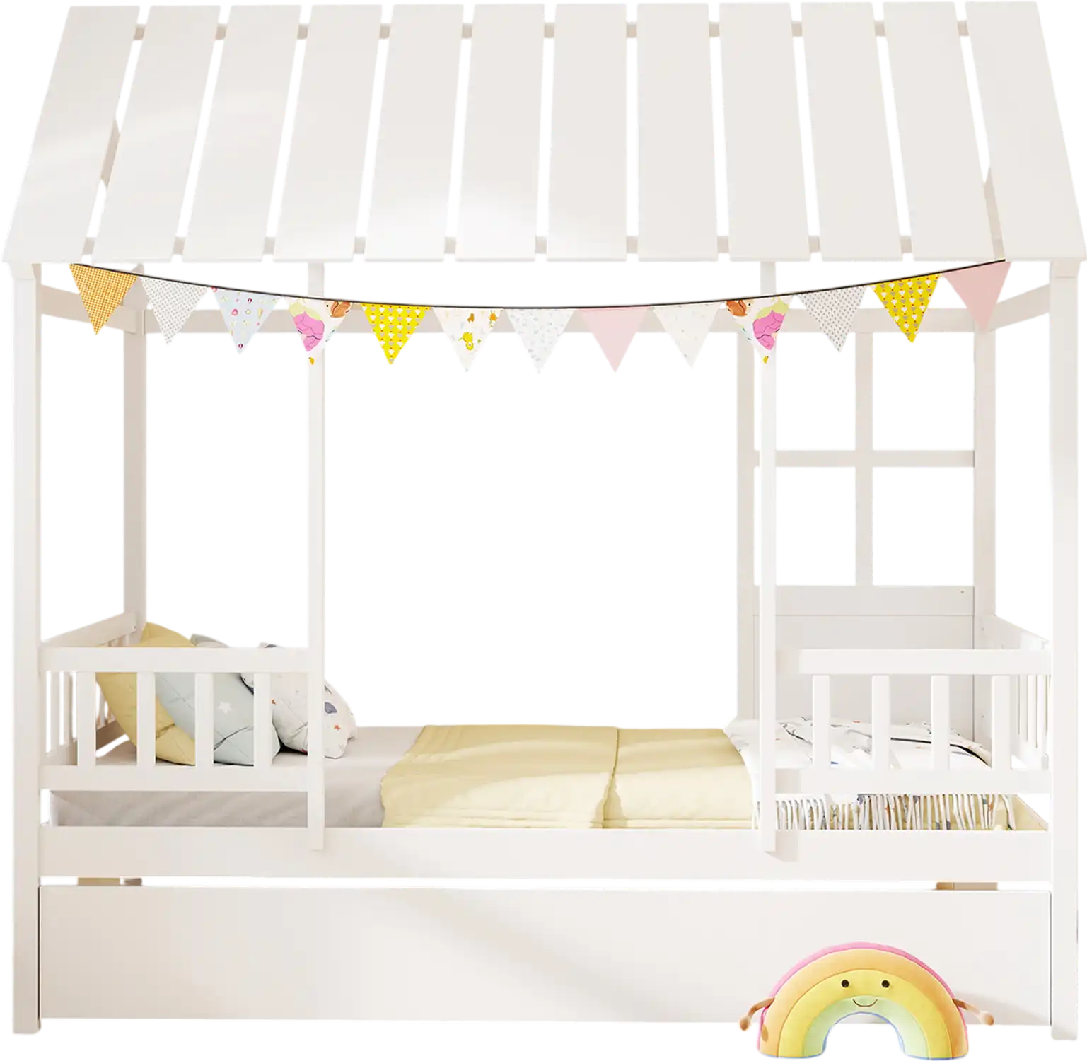 Costway Twin House Bed with Trundle Roof Window White 598742361 New