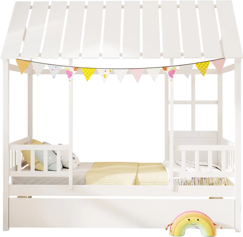 Twin size house bed with trundle in white, featuring a roof, decorative window, and space-saving design for kids' rooms.