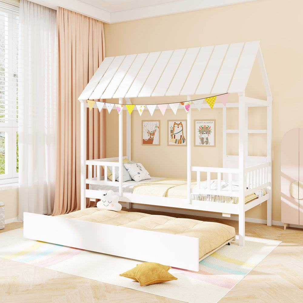 Twin size house bed with roof and trundle in white, featuring a whimsical design and space-saving functionality.
