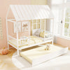 Twin size house bed with trundle in white, showcasing a charming roof design and decorative elements for imaginative.