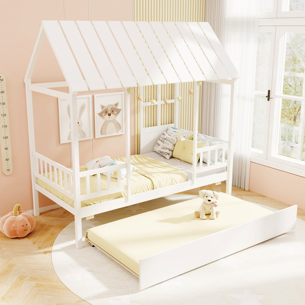 Twin size house bed with trundle in white, showcasing a charming roof design and decorative elements for imaginative.