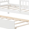 Twin size house bed frame in white with trundle, featuring slats and a whimsical roof design for imaginative play.