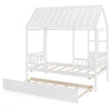 Twin size house bed with roof and trundle in white, featuring a solid wood frame and decorative window for kids' rooms.