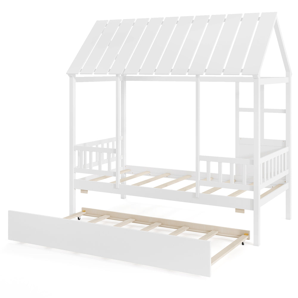 Twin size house bed with roof and trundle in white, featuring a solid wood frame and decorative window for kids' rooms.