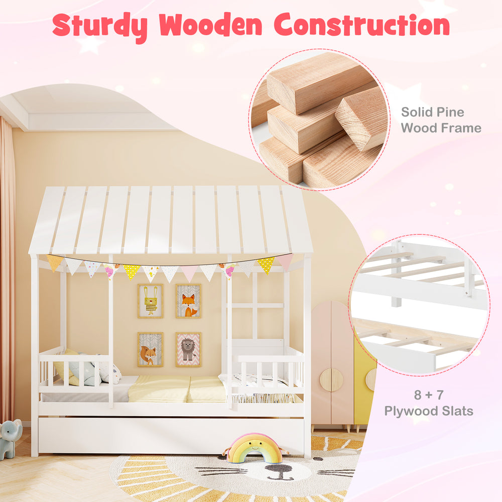 Twin size house bed with roof and trundle, solid pine wood frame, space-saving design for imaginative kids' rooms.