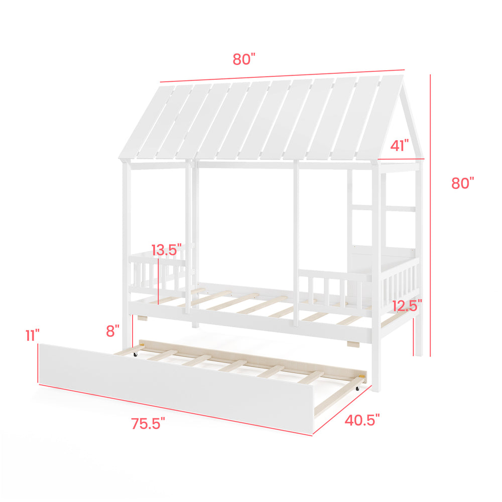 Twin size house bed with trundle in white, featuring a roof and decorative window for imaginative kids' sleeping space.