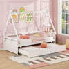 Twin size house bed in white with trundle, safety guardrail, and smooth rolling wheels for sleepovers and space-saving.