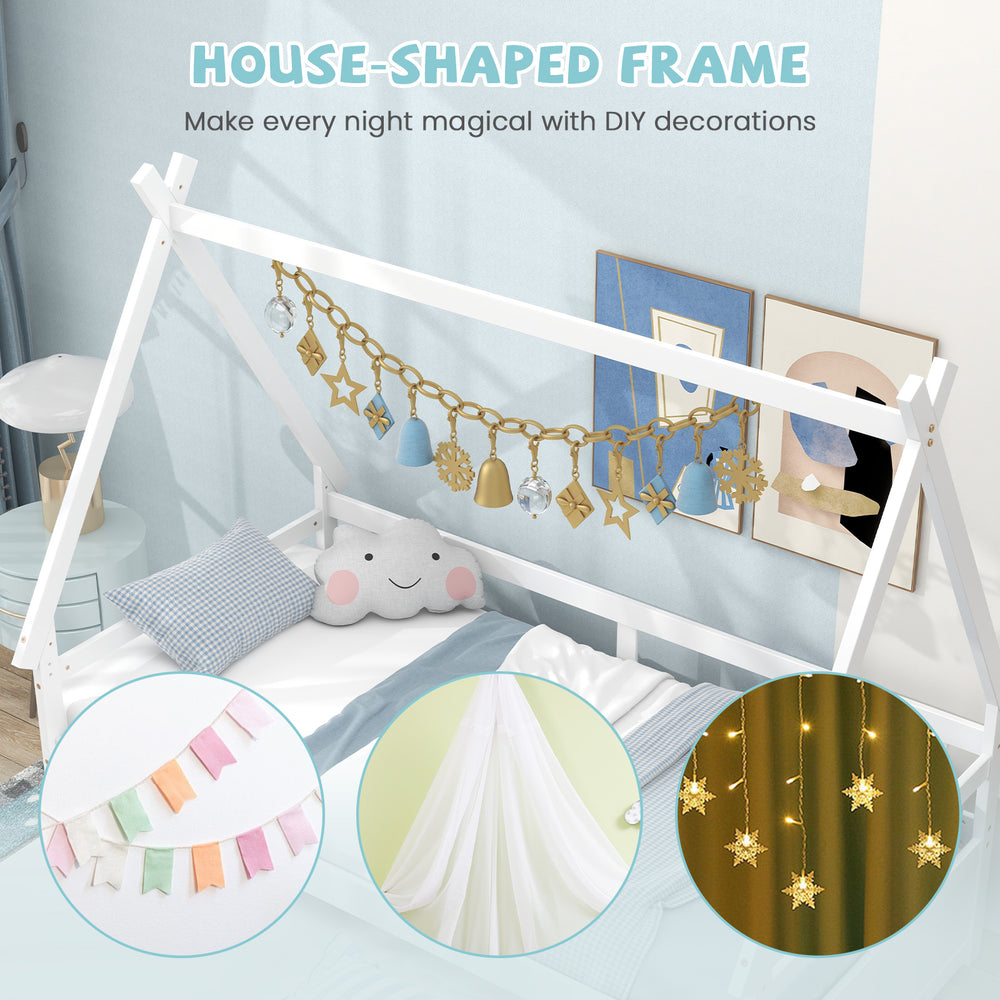 Twin size house bed with trundle in white, featuring a safety guardrail and DIY decoration options for a magical.